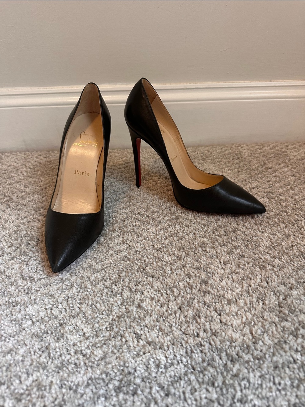 Christian Louboutin Black Leather Pointed-Toe Pumps with Red Soles